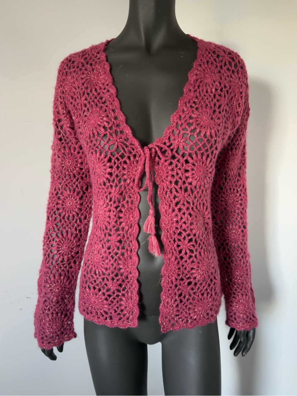 341. April Cornell Raspberry Openwork Tie-Front Sweater Cardigan